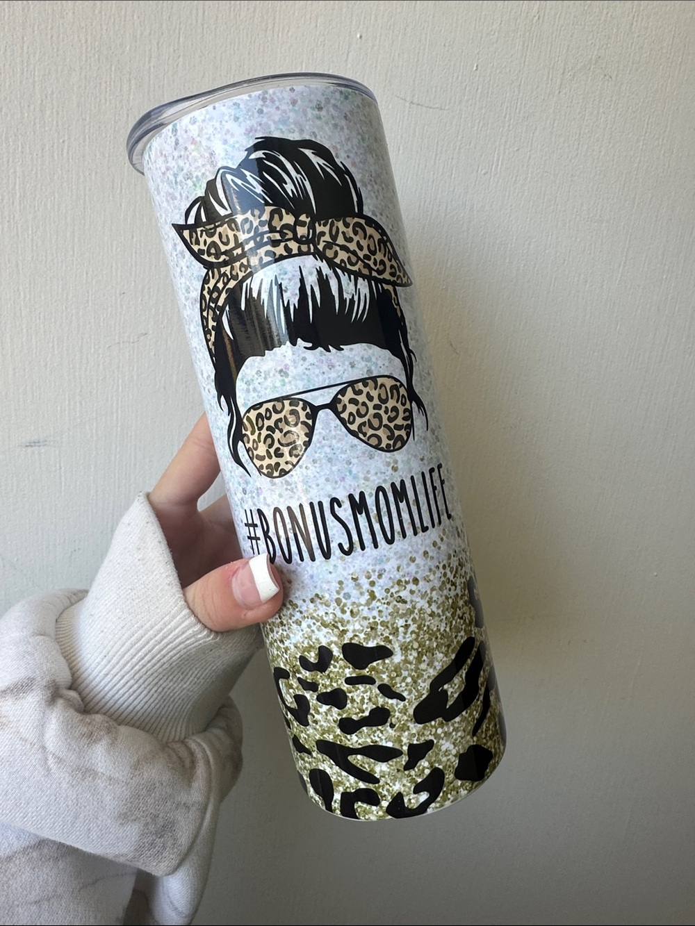 Leopard Print #BONUSMOMLIFE Glitter Tumbler